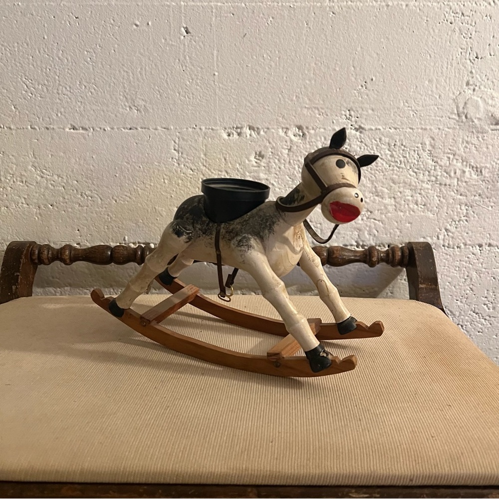 Enesco Vtg Wood Rustic Folk Art Rocking Horse Planter Made in Spain